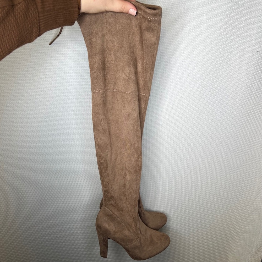 Forever‎ Womens Taupe Suede Over The Knee Boots Block Heel Lace Up Size 7